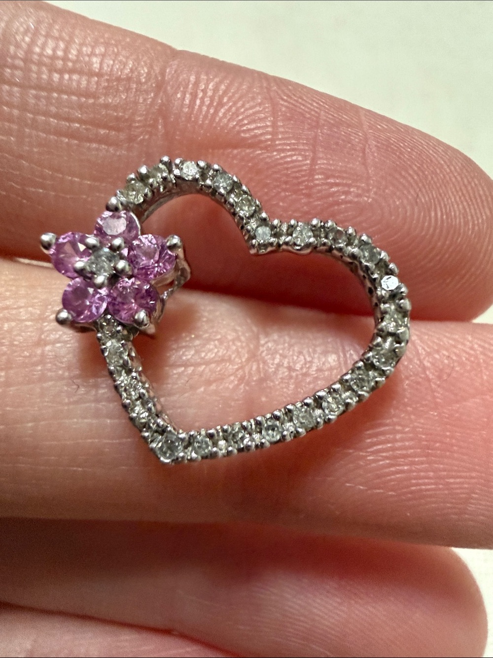 Stunning 14K Diamond & White Gold Heart Pendant with Pink Flower Accent Cluster